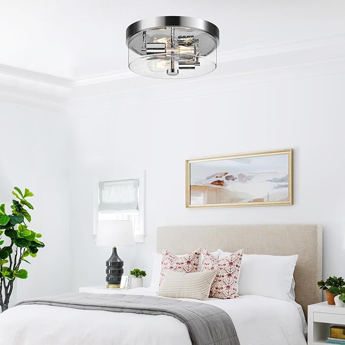 Flush Mount Ceiling Light Fixtures, 2-Light Chrome Ceiling Mount for Farmhouse with Seeded Glass Lampshade, Industrial Hall Flush Mount Light Fixture for Hallway, Kitchen, Entryway, Bedroom and Foyer