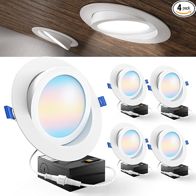 Sunco 4 Pack 6 Inch 5 CCT Gimbal LED Recessed Light Slim, 1350LM High Brightness, 2700K/3000K/4000K/5000K/6000K Selectable, 12W, Angled Directional Canless Downlight with JBox - ETL, FCC.