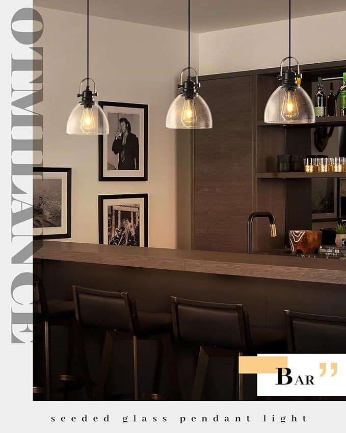 Black Pendant Lights Kitchen Island 2 Pack, 7.5" Seeded Glass Pendant Lights, Vintage Industrial Pendant Light Kitchen Island, Farmhouse Pendant Lighting for Kitchen, Dining Room, Bar, Cafe