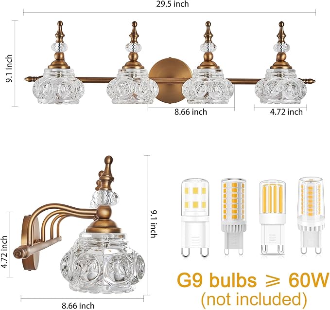 Vintage Vanity Light Fixtures, 4-Light Bathroom Lighting with Crystal Glass Lampshade, Matte Brushed Antique Brass Finish, Vanity Lights for Bathroom Bedroom Hallway