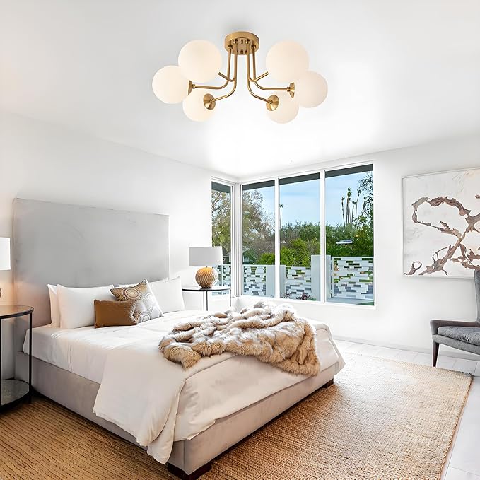 Modern Semi Flush Mount Ceiling Light 6-Light,Globe White Glass Shade Semi Flush Mount Ceiling Light Sputnik Chandeliers for Bedroom Living Room Hallway Dining Room Lighting Fixture