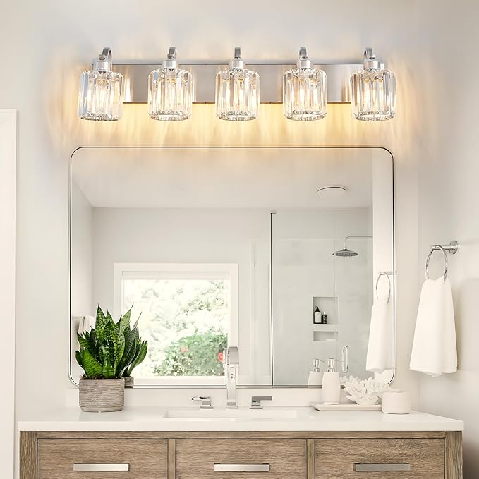 Modern Crystal Bathroom Vanity Light 5 Light Brushed Nickel Vanity Lighting Over Mirror Bathroom Wall Lighting Fixtures with Round Shade (Exclude Bulb)