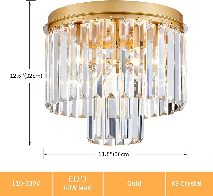 Crystal Ceiling Light, 3-Light Modern Flush Mount Ceiling Light Fixture for Living Room, Dinning Room, Hallway, D12 x H13inch, Brass Finish Frame & K9 Crystal