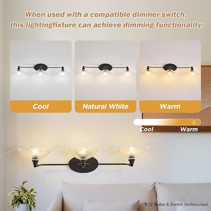 Vintage Vanity Light, 3-Light Black Vanity Light Bathroom Lights fixtures Over Mirror 33.85 Inch Modern Dimmable Bath Light Fixture for Bathroom Makeup, (Requires E12 Bulb, Not Included)