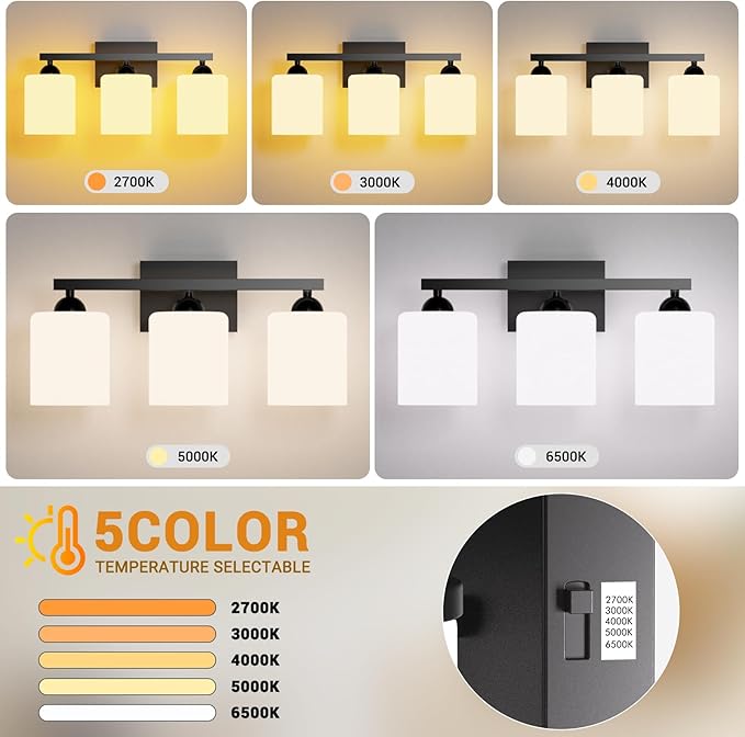 Quntis Black Bathroom Light Fixtures Over Mirror 5 Colors Adjustable, 3 Lights LED Bathroom Vanity Lighting with Milky White Frosted Glass Shade, Energy-Saving LED Vanity Light 18.9 inch