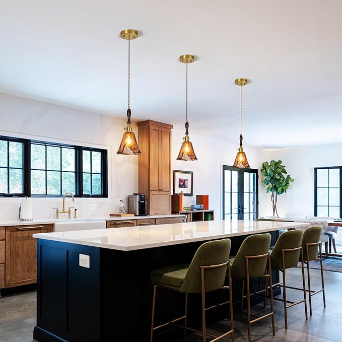 Amber Glass Vintage Pendant Light Height Adjustable Handmade Glass Pendant Lights Kitchen Island Gold Hanging Light Fixture with Wood Handle for Bedroom Dining Room Hotel (3 Pack)