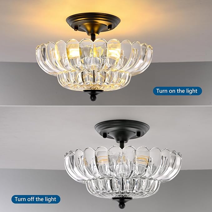 HuixuTe Modern Semi Flush Mount Ceiling Light, 3-Light Black Close to Ceiling Light Fixture with Clear Glass Shade for Living Room Entryway Bedroom