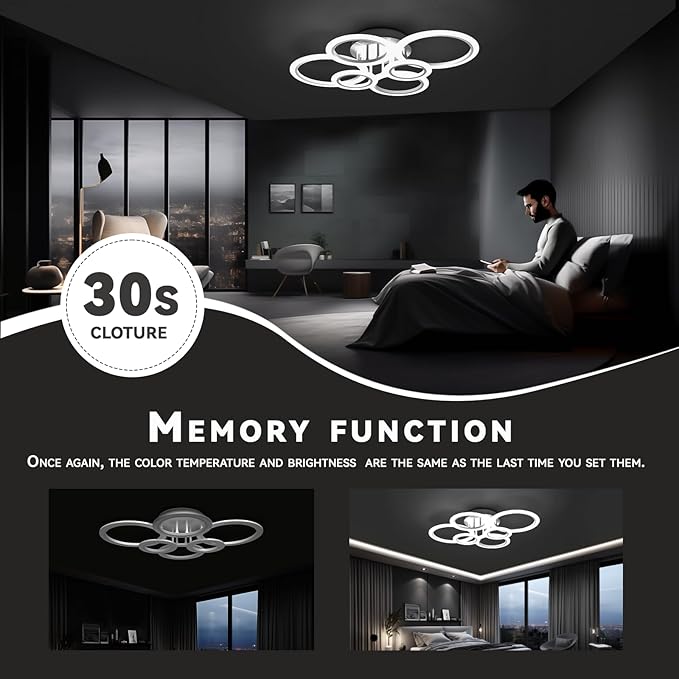 Modern LED Ceiling Light, White 6 Rings Flush Mount Ceiling Light Fixture, with Smart App & Control, 2800-7000K Lighting Fixture Ceiling Lamp for Kitchen, Bedroom, Living Room, Laundry Room