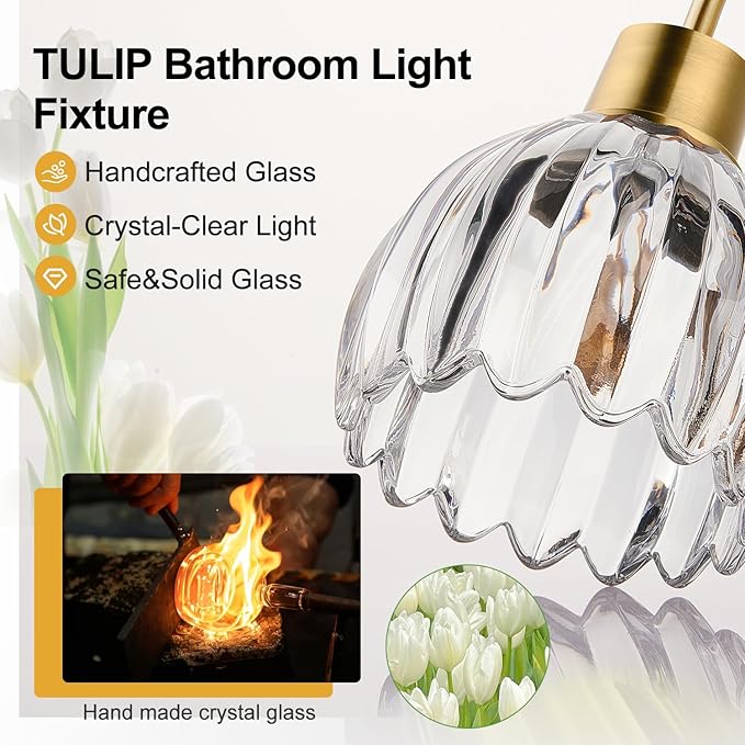3-Light Bathroom Light Fixtures, 20" Brushed Gold Vanity Lights for Bathroom with Ribbed Clear Tulip Glass Shade, Vintage Wall Vanity Lighting Fixtures Over Mirror for Bathroom Living Room Hallway