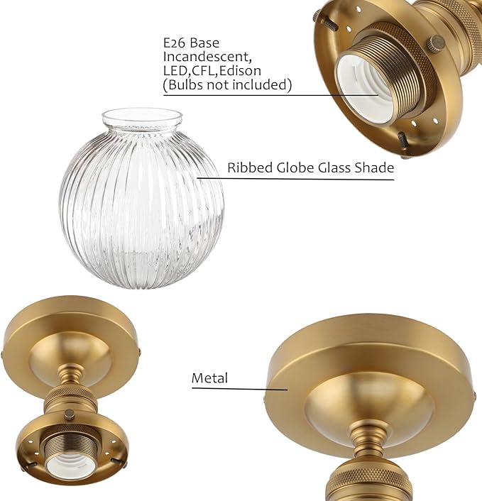 Pathson Modern Semi Flush Mount Ceiling Light Fixture with Striped Globe Glass Shade, Industrial Ceiling Lighting Lamp for Living Room Foyer Hallway Bedroom Over Kitchen Sink