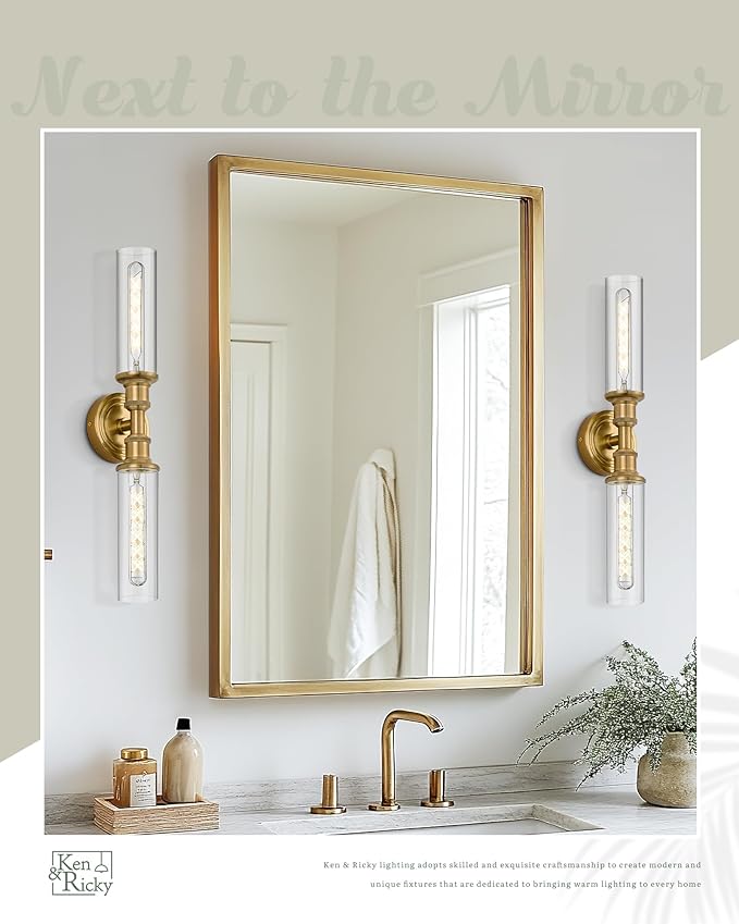 Ken & Ricky 24" Modern Bathroom Sconces Wall Lighting,Brushed Gold Wall Sconce Vanity Lights with Clear Glass for Bathroom Living Room Bedroom KR3376-W-BG-1PK