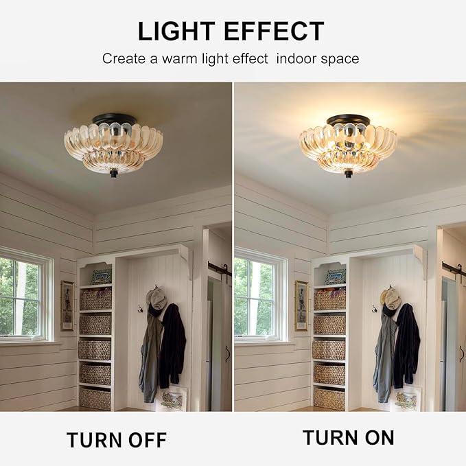 Semi Flush Mount Ceiling Light Fixture Vinatge Black Ceiling Lights Mid Century Modern Glass Close to Ceiling Lighting Fixtures for Bedroom Hallway Foyer Bathroom Kitchen Laundry Room Nursery