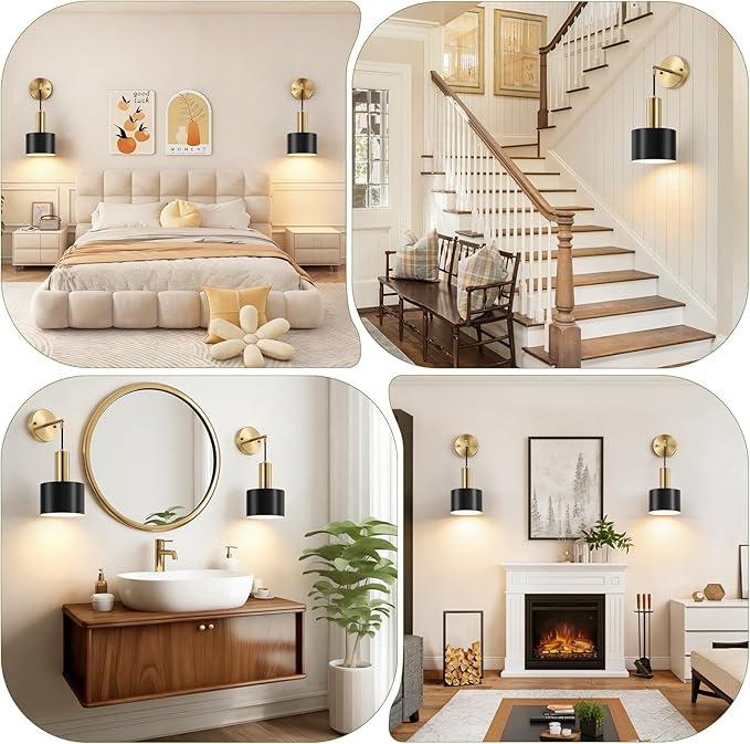 Battery Operated Wall Sconces Set of Two, Black & Gold Wireless Rechargeable Wall Lights with Remote, 15 Colors Dimmable LED Wall Lamps, Modern Cordless Sconce for Bedroom Living Room Hallway