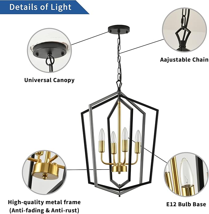 WJShome 18.1" Black and Gold Chandelier, 4-Light Farmhouse Dining Room Light Fixture, Modern Foyer Lighting Fixtures, Rustic Lantern Pendant Light, for Kitchen Island,Staircase,Entryway