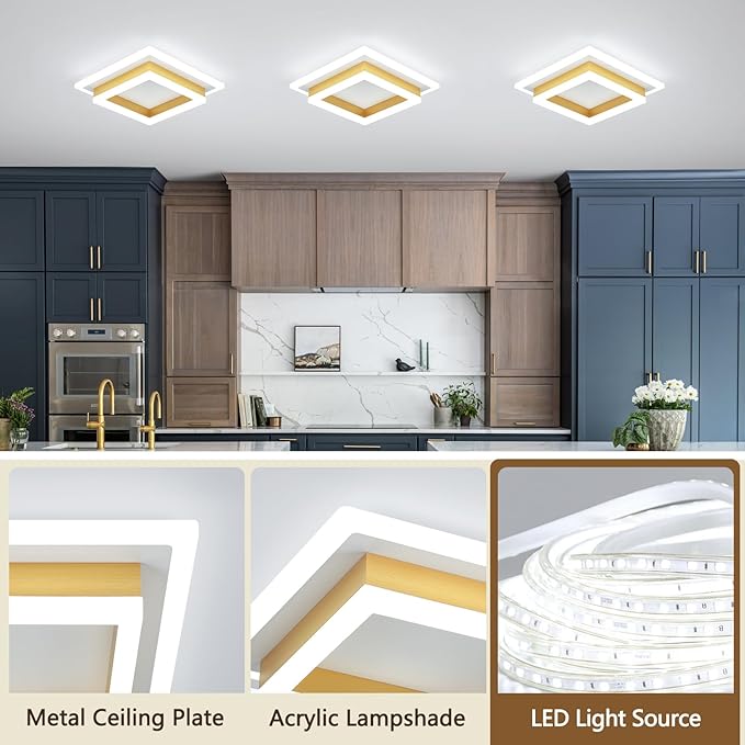 32W Flush Mount Modern LED Ceiling Lights, Gold Small Hallway Ceiling Light, Cool White 6000K Acrylic LED Ceiling Light Fixtures, Close to Ceiling Lights for Bedroom Dining Room Kitchen Bathroom