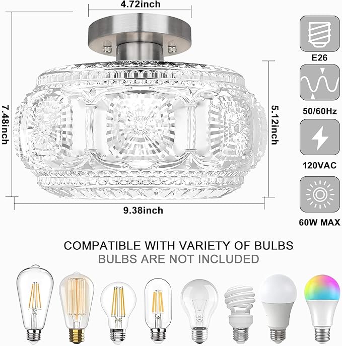 Brushed Nickel Semi Flush Mount Ceiling Light, Glass Shade Modern Ceiling Light Fixture, Lighting for Hallway Bedroom Entryway Kitchen Porch