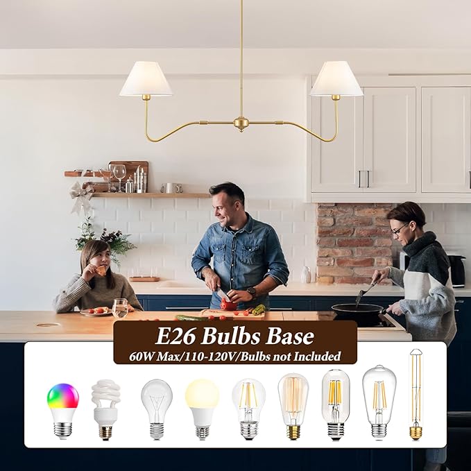 2-Light Gold Modern Linear Chandelier, 55 Inch Farmhouse Kitchen Island Lighting with White Fabric Shades, Dining Room Light Fixtures for Living Room Bedroom, Height Adjustable