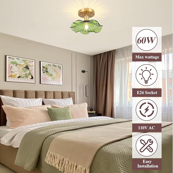 Semi Flush Mount Ceiling Light,Flower Hallway Vintage Lights Fixture Ceiling Green 8.8" Vintage Light Fixtures for Closet Hallway Kitchen Dining Room