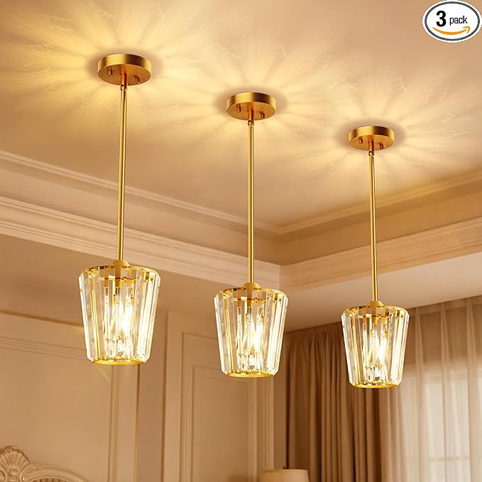 Crystal Pendant Lights Kitchen Island 3 Pack, Modern Gold Pendant Light Fixtures Mini Adjustable Chandeliers for Kitchen Island Dinning Room Bedroom Hallway with E26 Base (Bulbs Not Included)