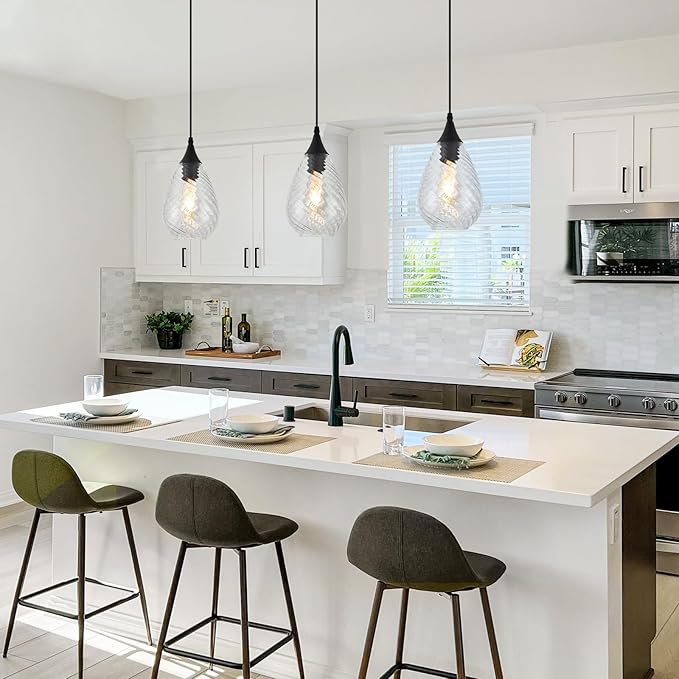 Glass Pendant Lights Kitchen Island 2 Pack, Modern Black Pendant Light Fixtures with Hand-Blown Clear Glass, Island Hanging Light for Kitchen Sink Bedroom Dining Room Hallway, E26