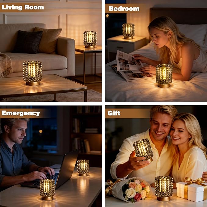 Battery Operated Lamp with Timer, Mini Crystal Table Lamps for Home Decor, Small Cordless Lamp for Areas No Outlets, Glass Battery Powered Lamps for Entryway, Bedroom, Bathroom, Shelf, Corner (2 Grey)