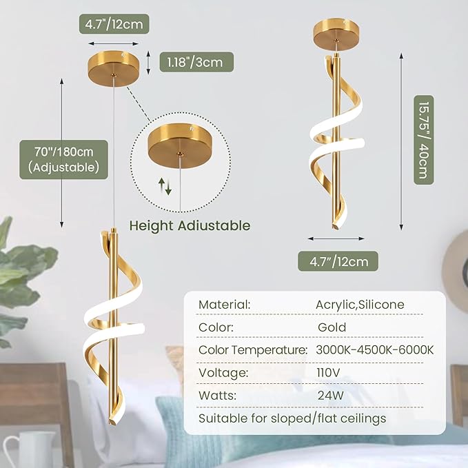 CANEOE Pendant Light Fixtures, Adjustable Modern Pendant Light for Kitchen Island Small Pendant Lighting for Kitchen Island Dining Room Bar Living Room Bedroom,1 Pack (Gold,Dimmable)