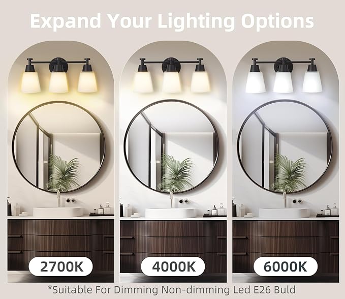 3 Light Bathroom Vanity Light, Modern Matte Black Stainless Steel Over Mirror Vanity Light Fixture with Frosted Glass, Wall Sconces Lighting for Bedroom Living Room