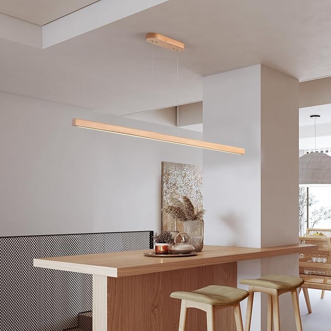 YISDESIGN 59" Wood Linear Pendant Light Fixtures Led Dining Room Chandelier Linear Kitchen Island Hanging Lights Dimmable Modern Pendant Light for Dining Room Kitchen Island Pool Table Lights Natural