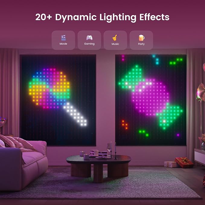 Smart Curtain Lights, 5 x 6.5 ft RGB LED Curtain Lights with App Control, 475 LEDs, 100+ DIY Patterns, 20+ GIF Scene Modes, Music Sync, IP65 Waterproof Lights for Bedroom, Window, Party, Outdoor Decor