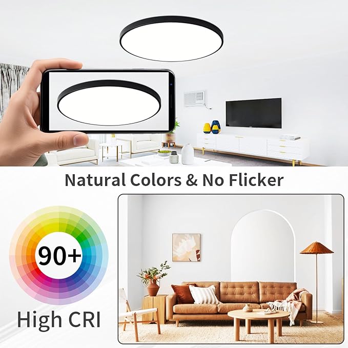 24 Inch Flush Mount Ceiling Light Fixture, Dimmable with Remote, 3000K-6500K Adjustable Color, 48W 4800Lm Ultra Thin Modern Round LED Ceiling Light, Black for Bedroom, Kitchen, Living Room