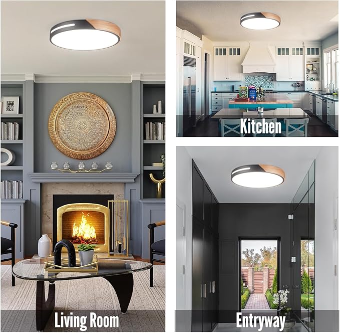 Wood Ceiling Light Flush Mount LED 36W 2Pack, 16 inch Flush Mount Black 5CCT, Kitchen Light Fixtures Ceiling Mount, Dimmable Close to Ceiling Light for Bedroom, Living Room, Bathroom