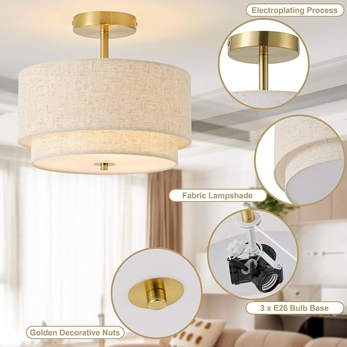12.6" Flush Mount Ceiling Light Fixture,Gold 3-Light Modern Ceiling Light with Fabric Shade in Double Drum-Shape for Bedroom Hallway Nursery Living Room Kitchen Island(2-Tier Gold)