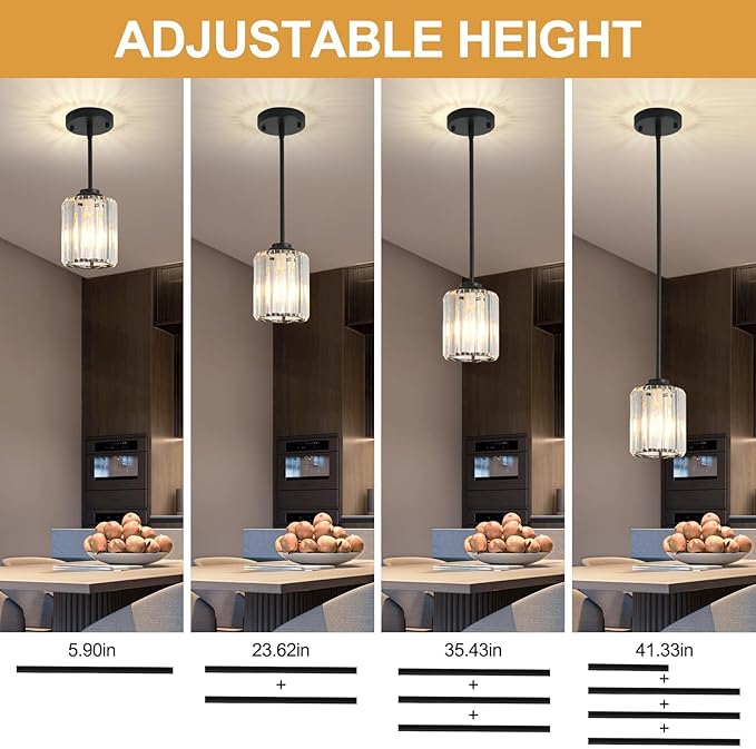 3 Pack Crystal Pendant Lights Kitchen Island, Adjustable Hight Modern Black Mini Chandelier, Ceiling Hanging Light Fixtures, Lamparas Colgantes for Kitchen Hallway Dining Room Bedroom