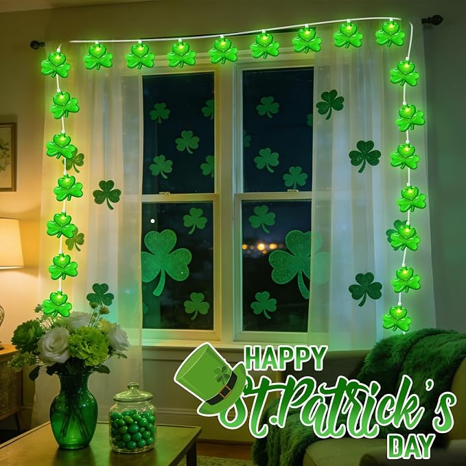 20 LED Clear Green Shamrock String Lights, 12FT St Patricks Day Lights String Outdoor Waterproof with 20 LED Light for Rish Shamrock St Patrick's Day Party Indoor Home Window Porch Garden Decorations