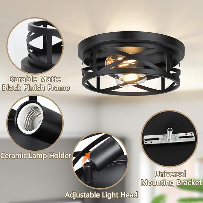 Bosceos 2-Light Flush Mount Ceiling Light Fixtures, 2-Pack Farmhouse Black Ceiling Lights, Industrial Metal Cage Light Fixtures with Adjustable Head for Bedroom Hallway Kitchen