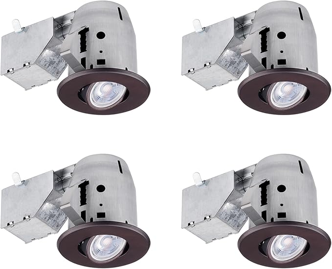 Globe Electric 90965 3" LED IC Rated Swivel Round Trim Recessed Lighting Kit, 4-Pack, Oil Rubbed Bronze, Adjustable Trim, Easy Install Push-N-Click Clips, GU10 Base LED Bulbs Included, 3.25" Hole Size