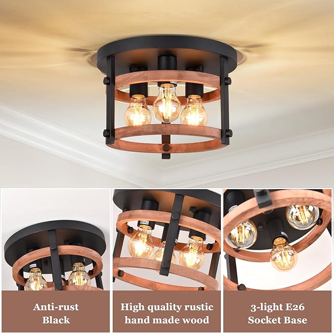3-Light Flush Mount Wood Ceiling Light Black Metal and Round Wood Frame Hallway Ceiling Light 12 inch Retro Rustic Light Fixtures for Farmhouse, Kitchen, Foyer,Entryway, Bedroom, Dining Room
