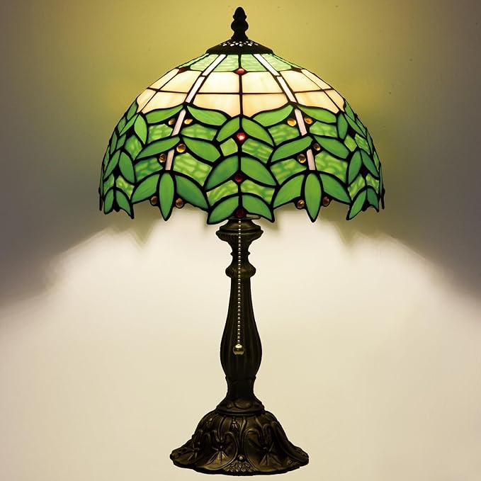 Tiffany Style Stained Glass Table Lamp 12-inch Dia Natural Green Leaf Design Lampshade Nightstand Light for Bedroom Dining Dorm Living Hallway Cottage Office Cafe Ceremony Housewarming Gift