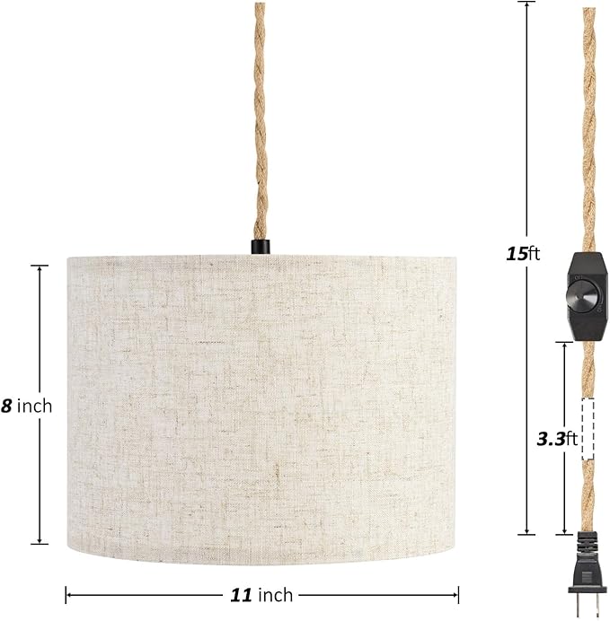 KUAUGST Plug in Pendant Light, Hanging Light with Plug in Cord with Dimmable Switch, Hanging Lamp with 15ft Hemp Rope, Beige Linen Shade, Fixture for Bedroom, Living Room 2 Pack