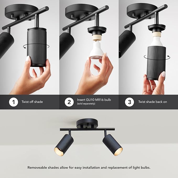 Globe Electric 64000114 2-Light Track Lighting Spotlight, Matte Black Finish, Ribbed Shades, Adjustable Heads, Compact 12-Inch Fixture, GU10 Base, Easy Installation