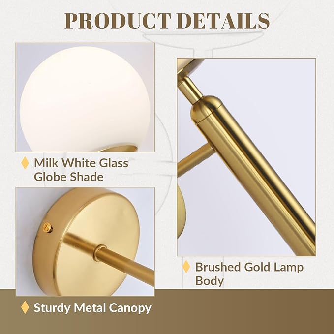 KCO Lighting Milk Glass Globe Wall Sconce Mid Century Brushed Brass Wall Sconces Modern Gold Wall Light Vintage Bathroom Vanity Light Fixtures for Bedroom Hallway