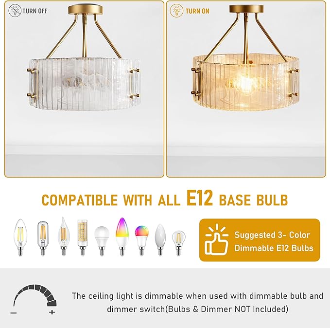 Gold Glass Semi Flush Mount Ceiling Light Fixture 3-Light Drum Ceiling Light Foyer Kitchen Lighting Fixtures D15 Farmhouse Flush Mount Ceiling Lights for Living Room Hallway Bedroom