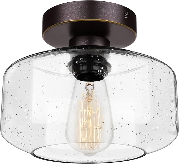 SunRider Industrial Semi-Flush Mount Ceiling Light Fixture, Seeded Glass Pendant Lamp Shade, Oil Rubbed Bronze Farmhouse Lights for Hallway Bedroom
