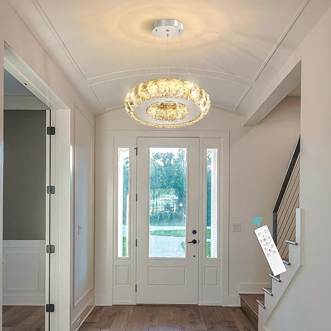 HAIXIANG Crystal Round Chandelier Modern LED Dining Pendant Lights for Kitchen Island Dining Room Remote Dimmable Hanging Light Entrance Bedroom Lighting Silver
