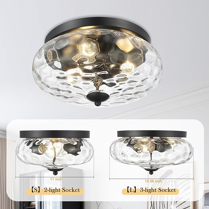 Darkaway Large Ceiling Light Fixtures, 3-Light Flush Mount Indoor Outdoor Ceiling Light with Water Ripple Glass Shade for Hallway Kitchen Bedroom Porch Living Room Black Finish