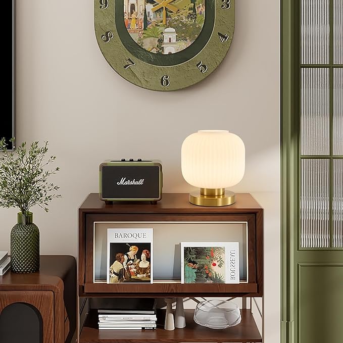 Dimmable Small Glass Table Lamp: Mid Century Modern Nightstand Light with Milk White Shade - Small Decorative Brass Desk Lamp - Ribbed Glass Bedside Tables Lamps for Bedroom Living Room Bulb Excluded