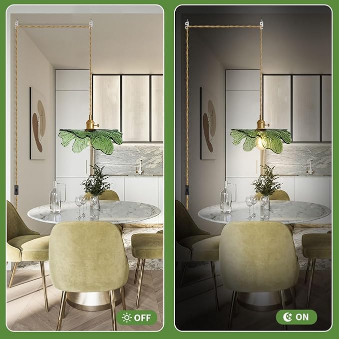 15.7" Large Green Glass Plug in Chandelier 1-Light Floral Ceiling Hanging Light Gold Adjustable Pendant Lighting for Living Room Dining Table, Flower Petal Pendant Fixtures