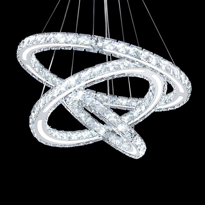 CXGLEAMING Modern Chandeliers Crystal Ceiling Light 3 Rings Dimmable LED Pendant Light Fixture Ceiling Hanging for Living Room Dining Room Bedroom Kitchen 250mm Base 209 Crystals(Dimmable)