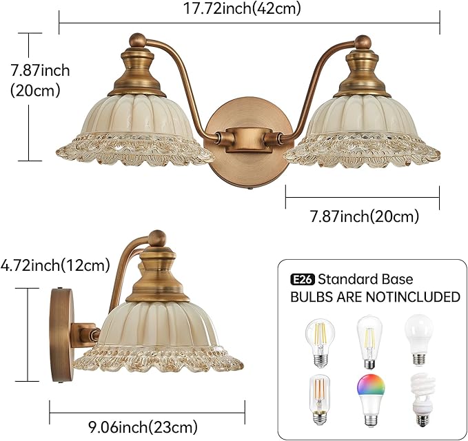 XIEDUN Vintage Vanity Light Brushed Brass 2 Light Vanity Lights for Bathroom Vanity Light Fixtures