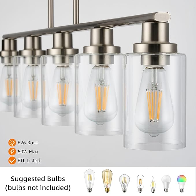 Kitchen Island Pendant Lighting, 5-Light Farmhouse Dining Room Light Fixture Over Table, Brushed Nickel Finish with Clear Glass Shade, Rustic Industrial Linear Chandelier for Kitchen Island